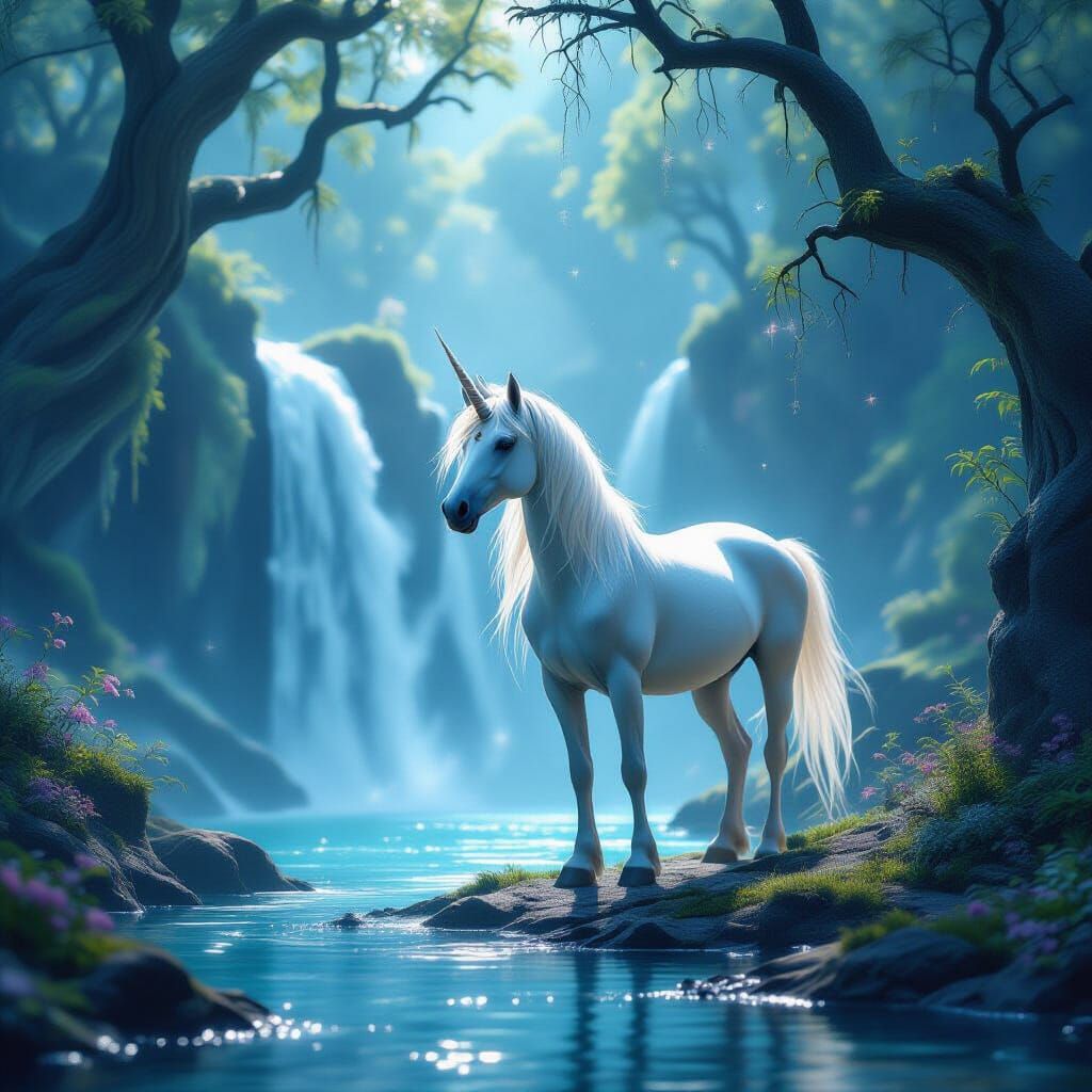 Majestic Unicorn Beside Waterfall in Ethereal Forest