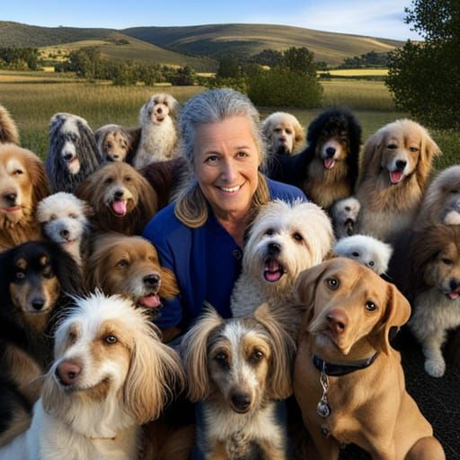 Dog Lover Surrounded by Canine Companions