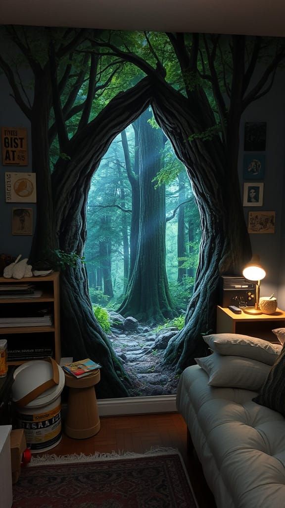 a portal into a mythical forest on the wall of my small mess...