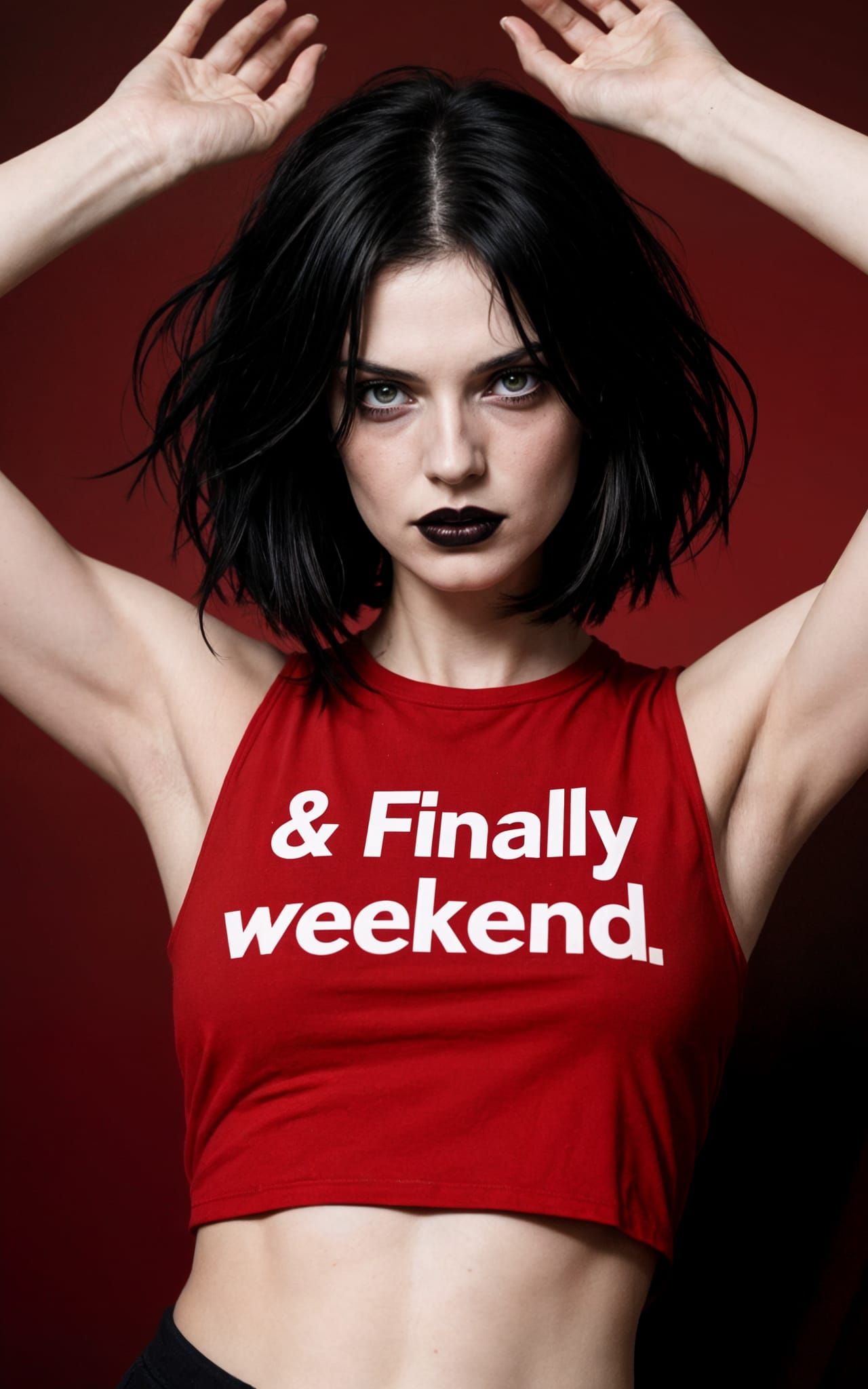 Gothic Woman in Red Crop Top Celebrates Weekend
