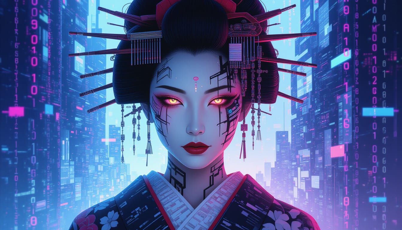 Cyberpunk Geisha Portrait with Digital Tattoos