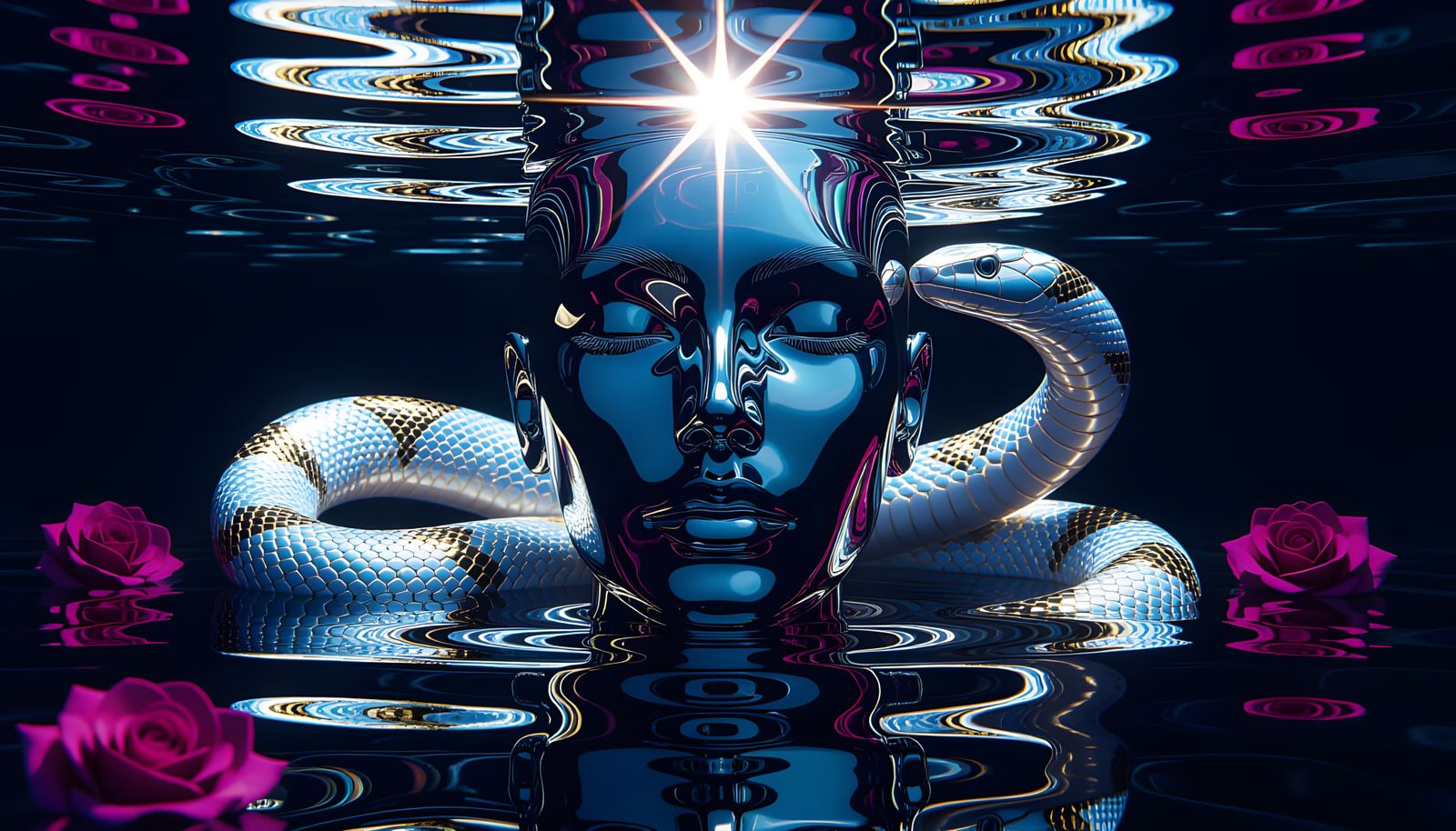 Chrome Face Emerges from Shimmering Liquid