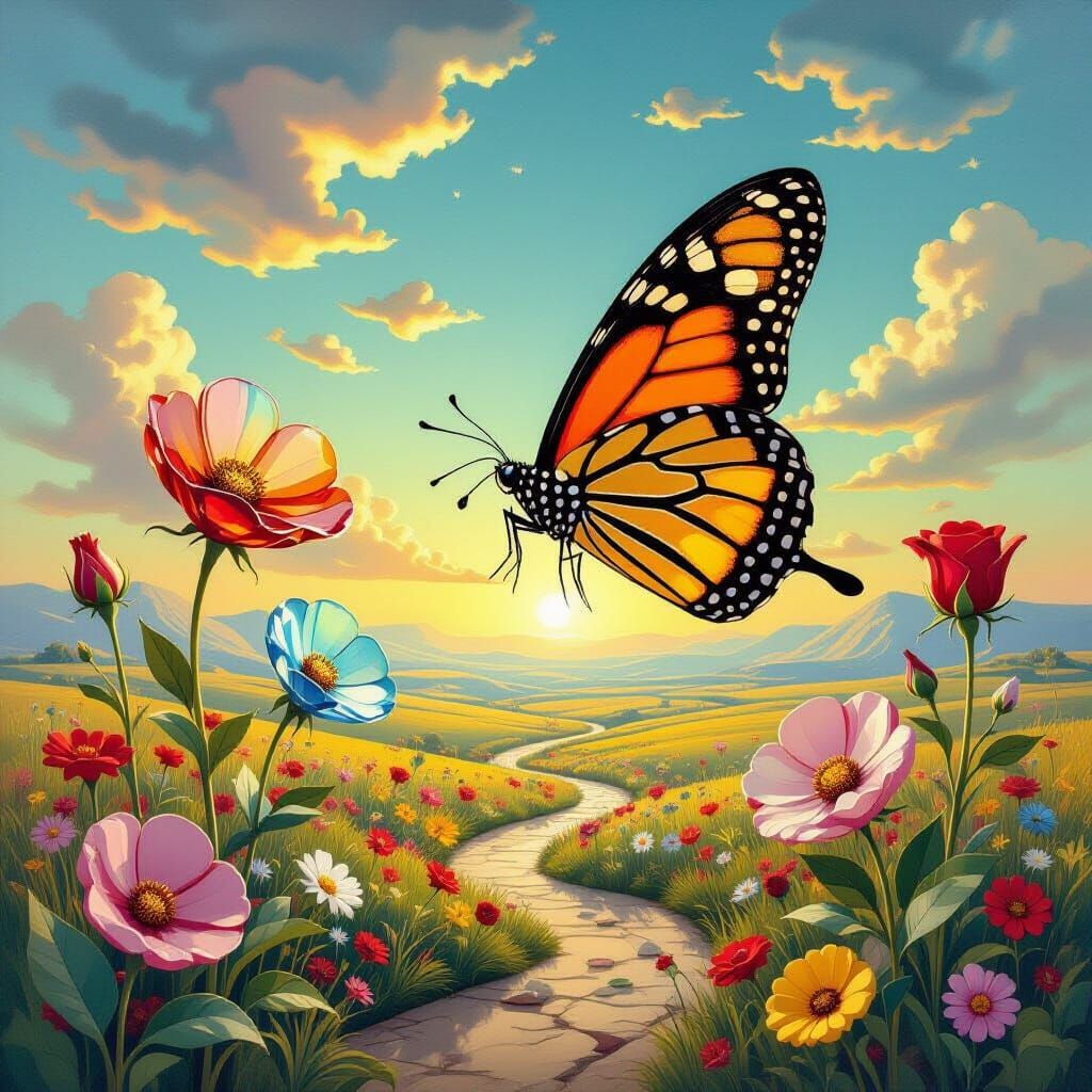 Butterfly's Journey Through a Surreal Glass Landscape