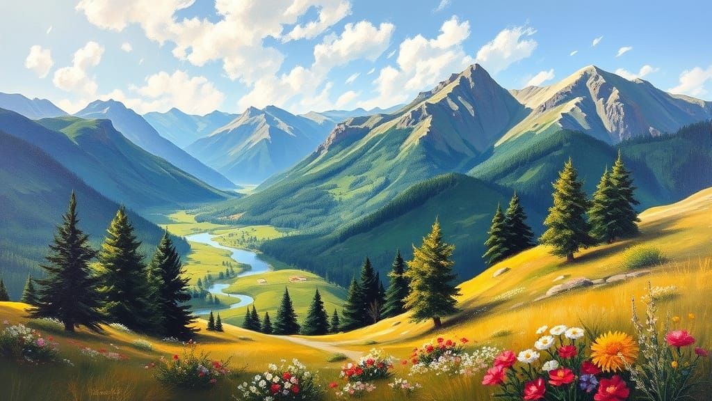 Masterpiece Oil Painting of Scenic Landscape with Visible Br...