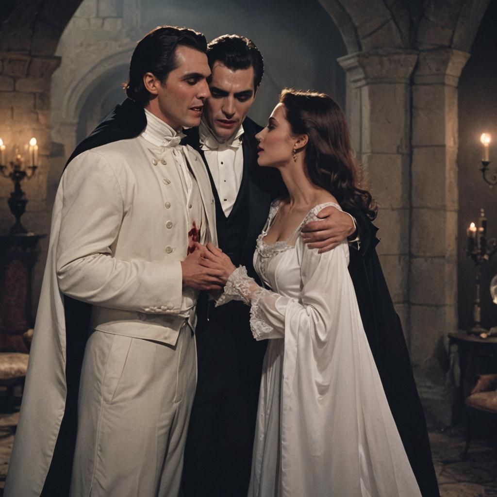 Vampires Kissing Woman in Castle Bedroom: Cinematic Still