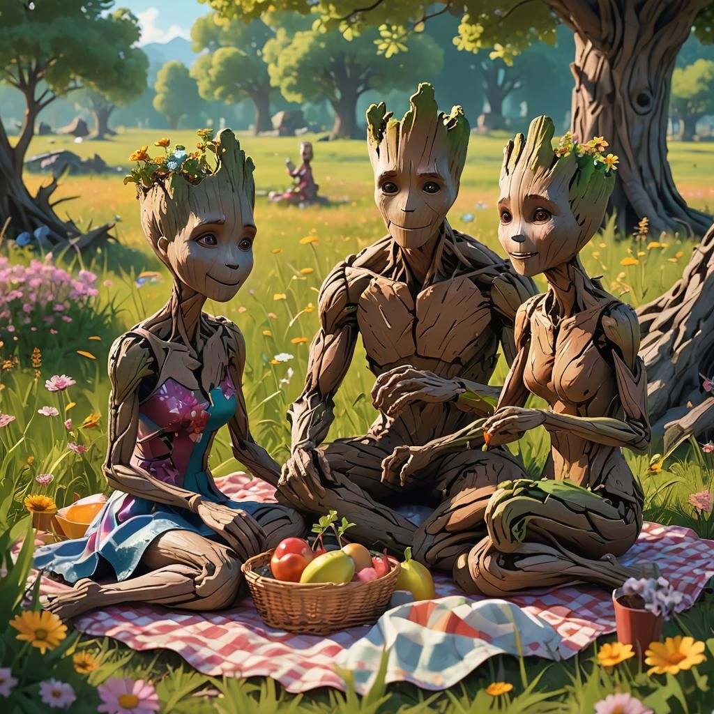 Groot Family Picnic: Vibrant 3D Anime Art