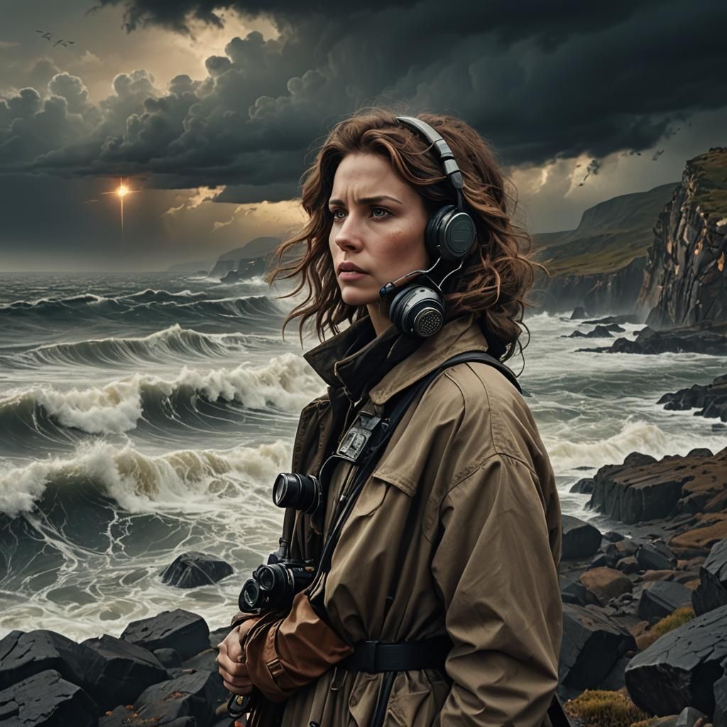 Woman with Radio Transmitter on Stormy Coast