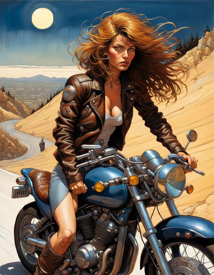 Motorcycle Rider on Mountain Road in French Comic Style