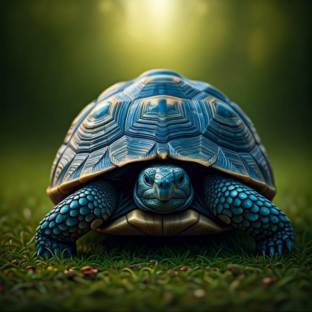 Turquoise Tortoise in Lush Meadow, Whimsical Art
