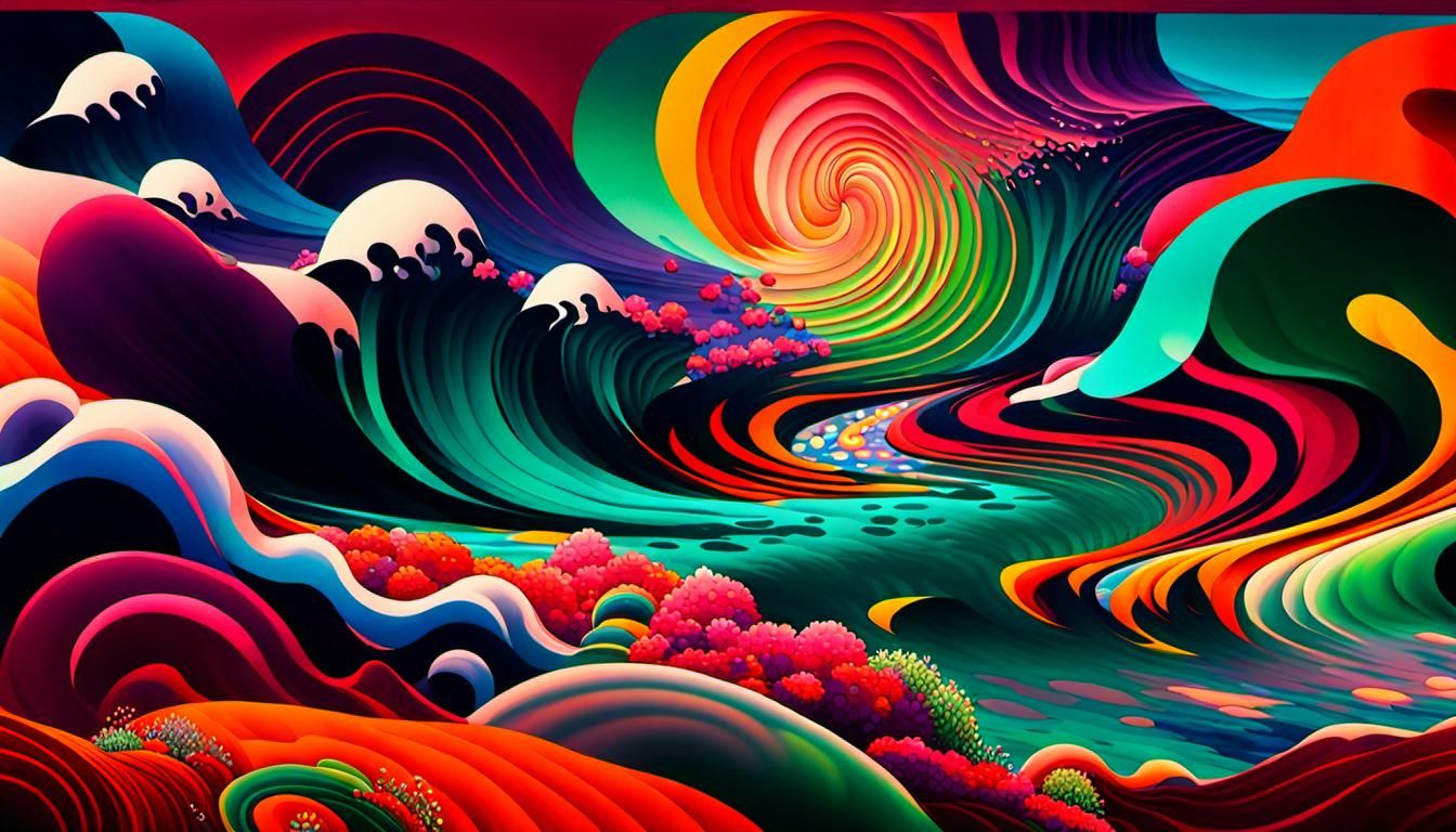 Kaleidoscopic River: A Surrealist Garden in Murakami Style