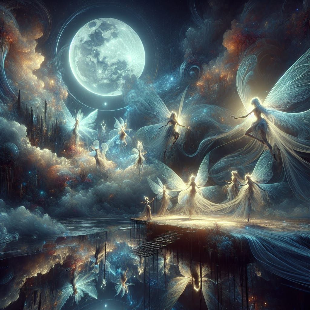 Fairies Dancing Under the Moonlight in Matte Painting Style