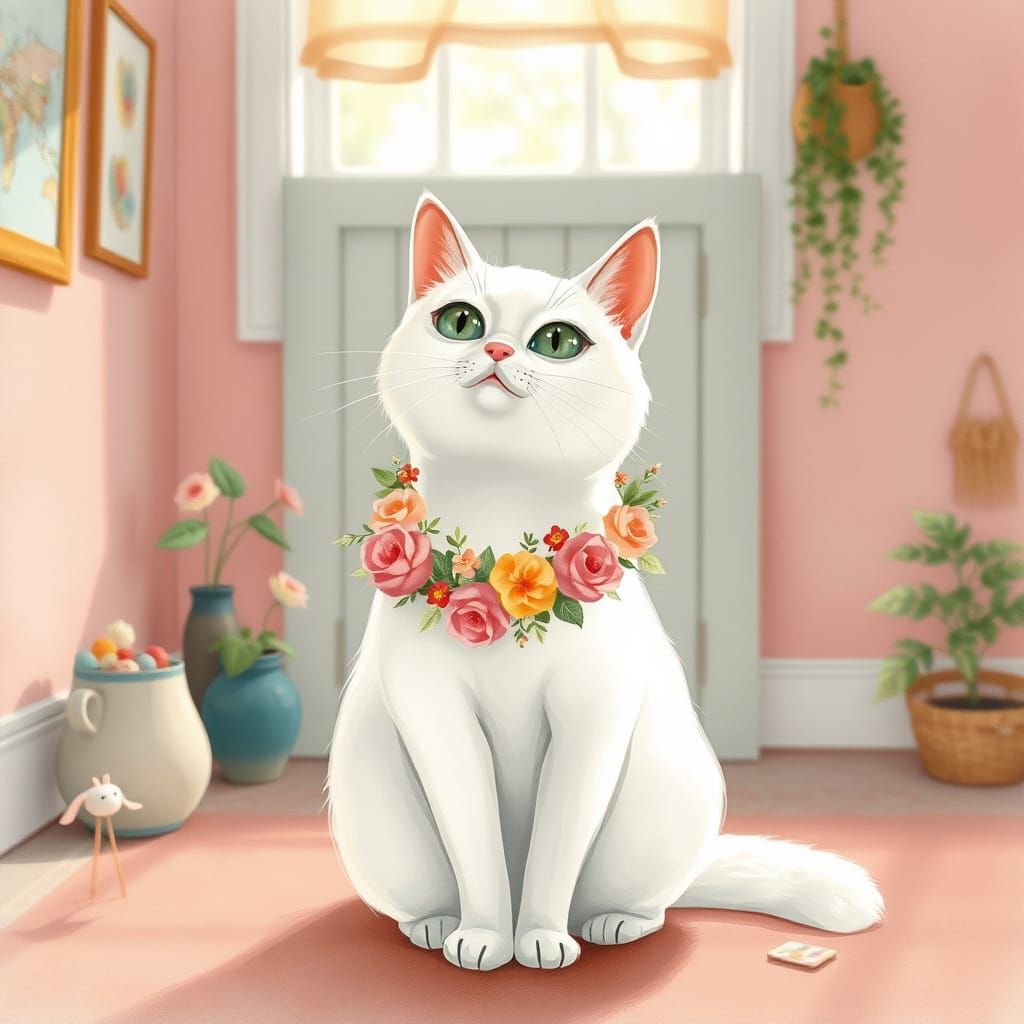 Whimsical Floral Cat in Pastel Paradise