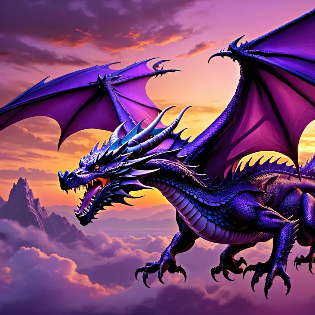 Purple Dragon Gliding in Sunset Sky