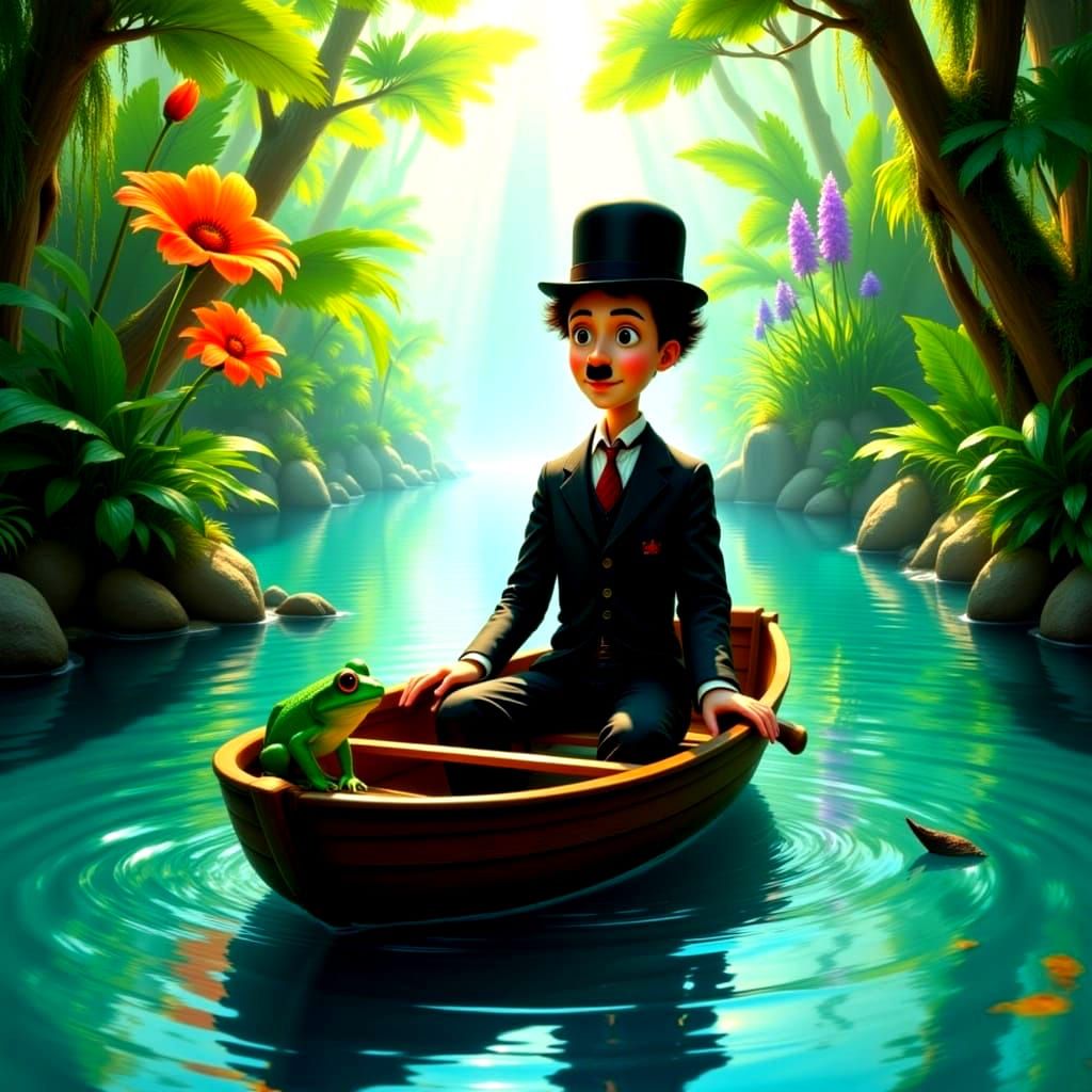 Charlie Chaplin in a Small Wooden Boat