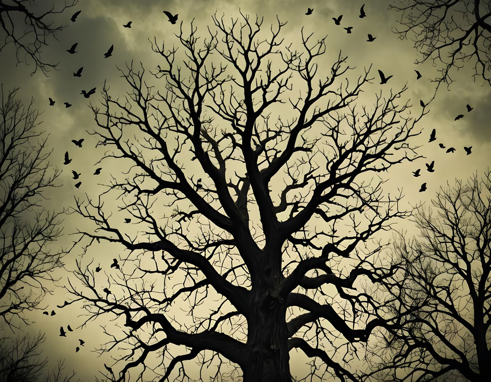 Spooky Old Tree Silhouette with Circling Birds