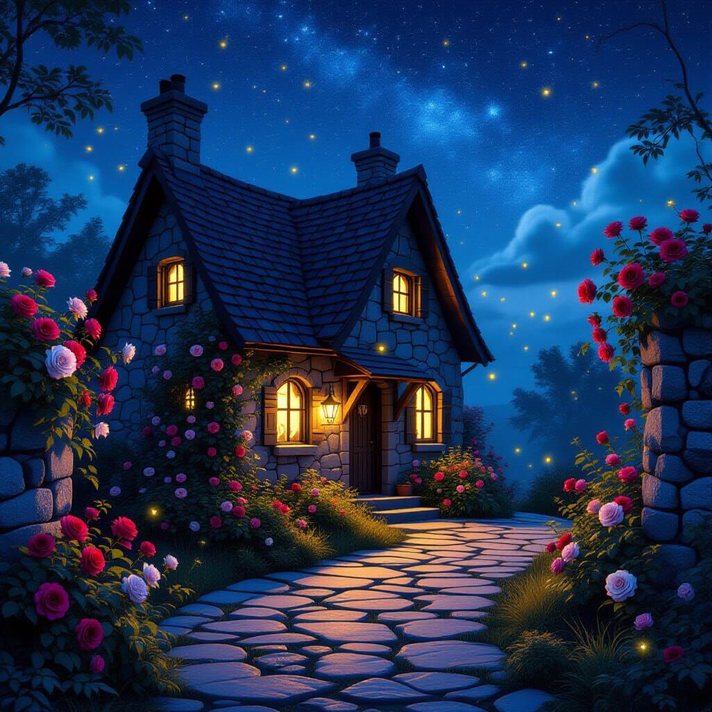Quaint Cottage Under Starry Sky: Fantasy Concept Art