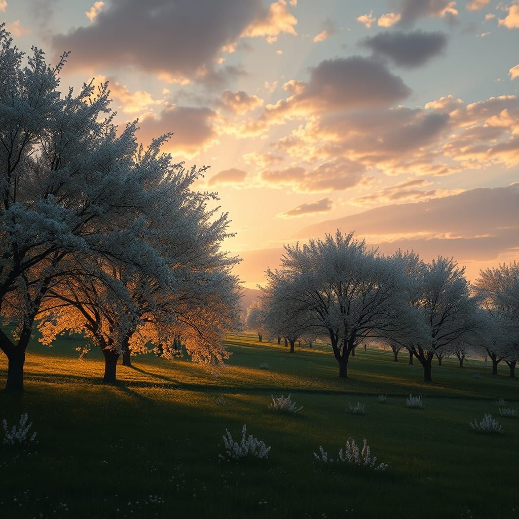 Cherry Blossom Country at Sunset: Digital Matte Painting
