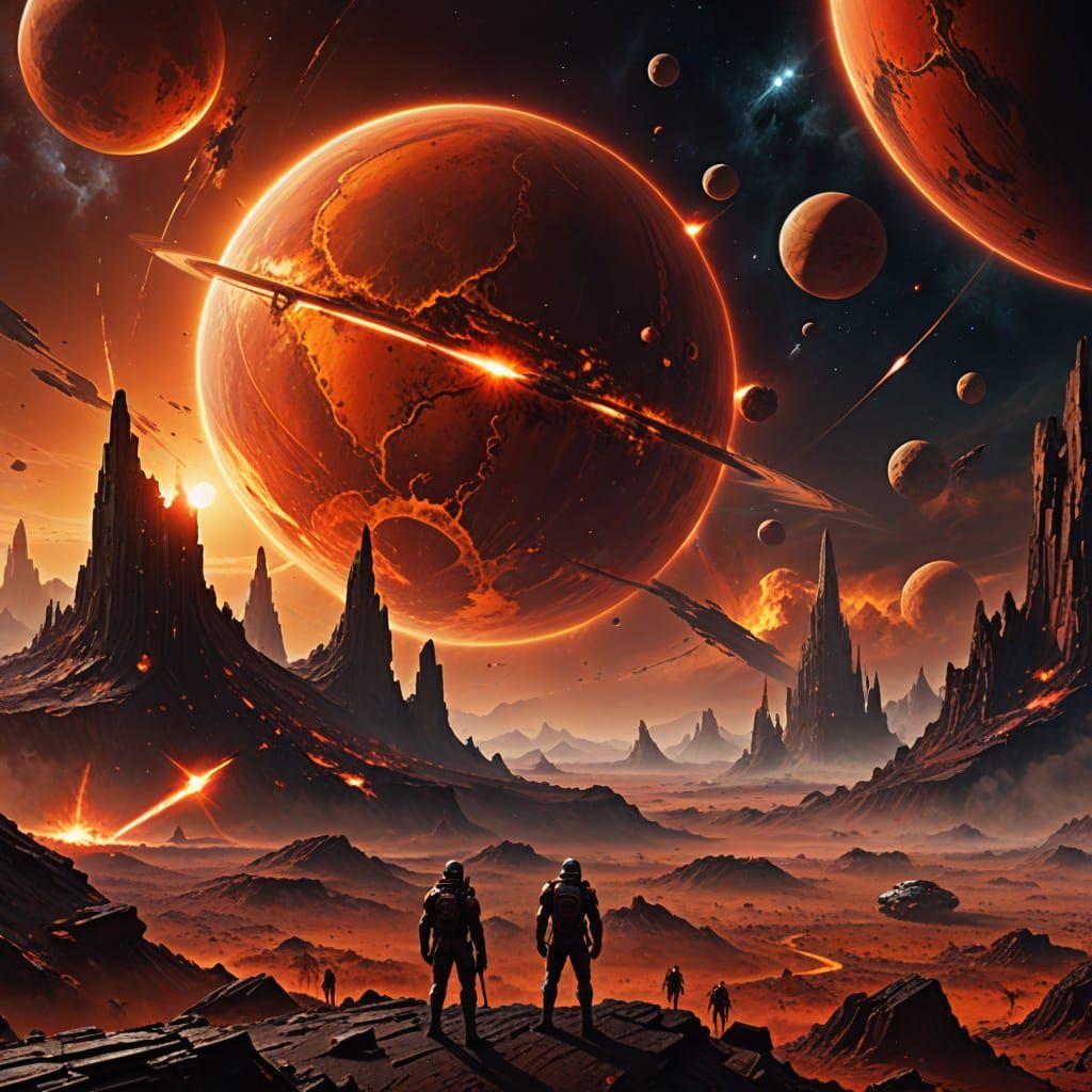 Colossal Sci-Fi Planet with Swirling Clouds and Red Battlefi...