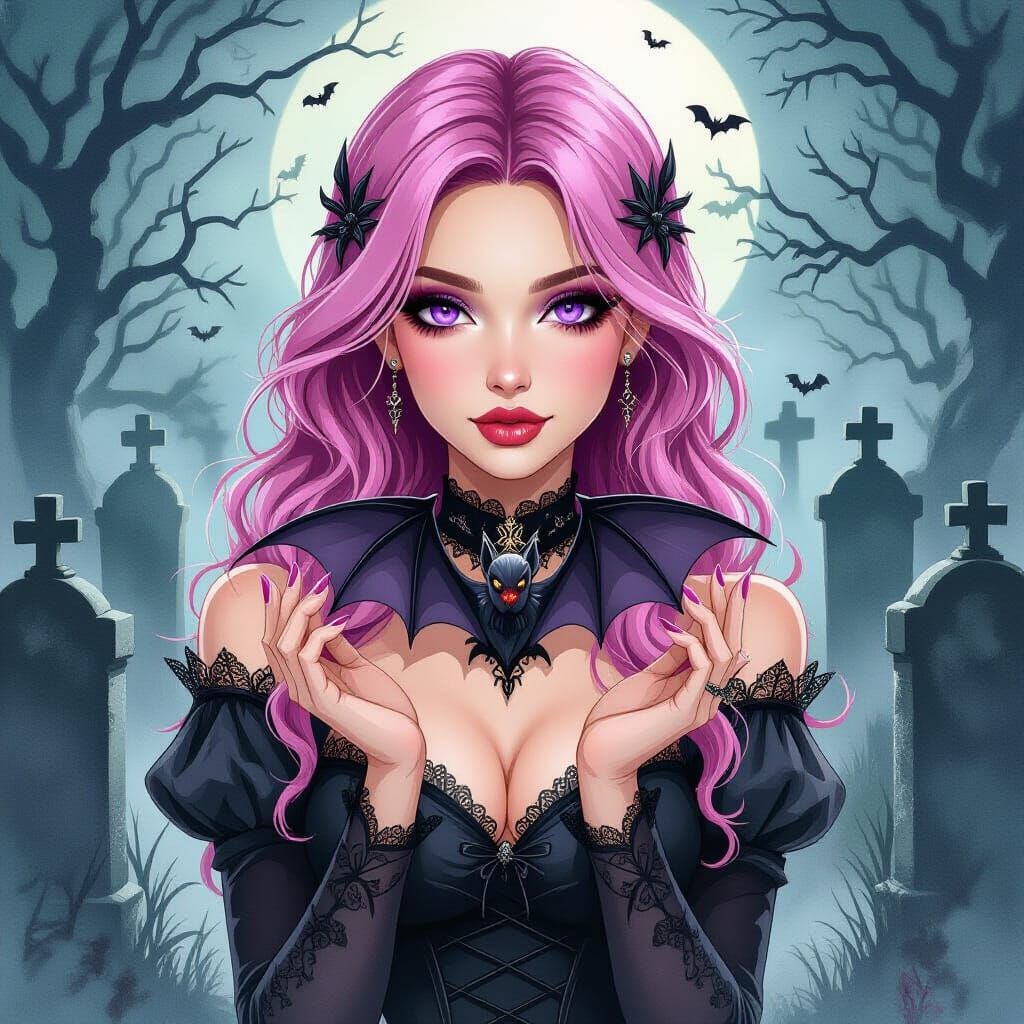 Woman Holding Bat in Cemetery, Spooky Watercolor