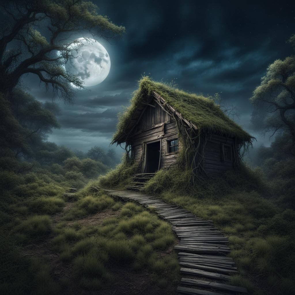 Overgrown Trail to Abandoned Hut Under Moonlit Sky