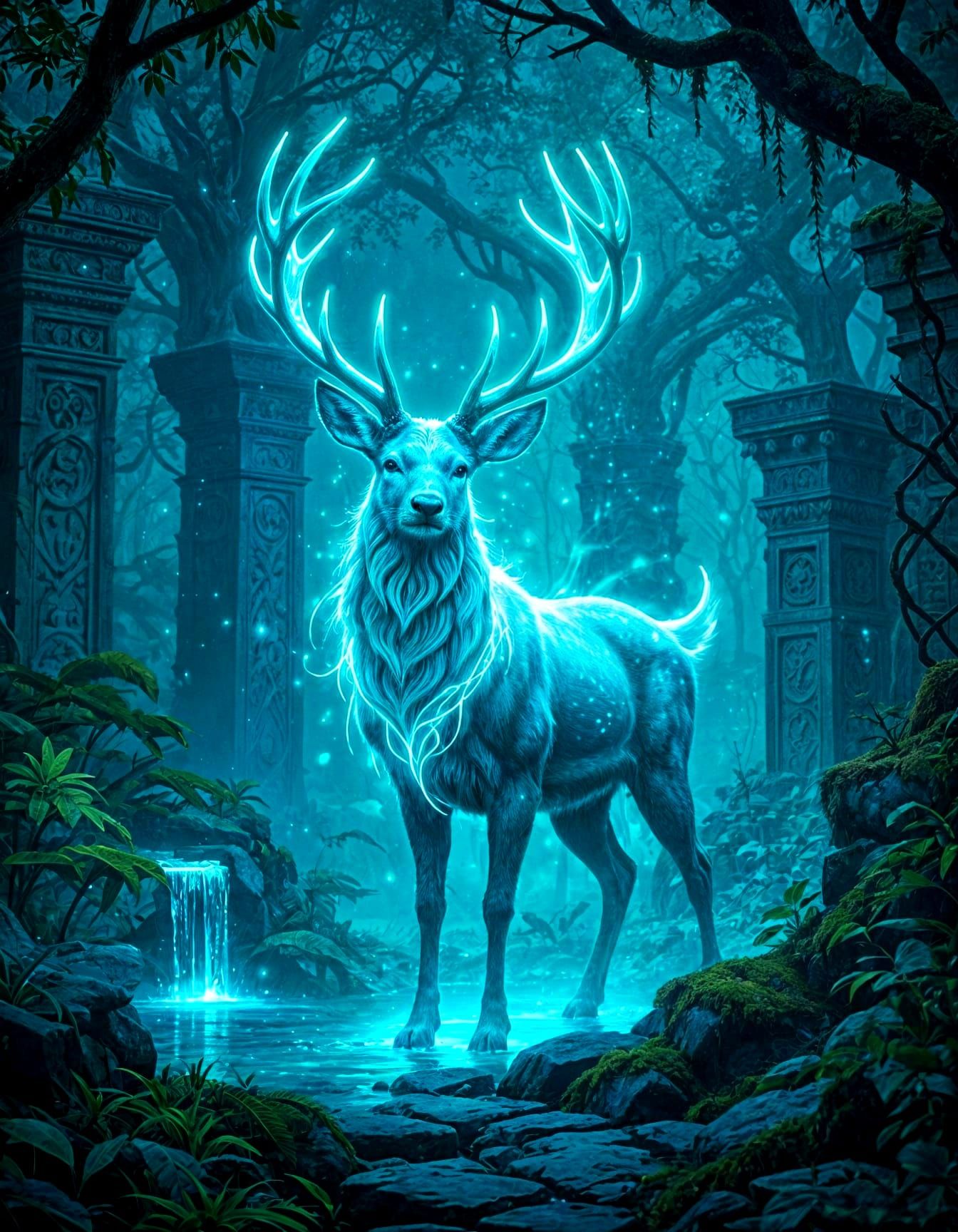 Mystical Bioluminescent Deer in Enchanted Forest