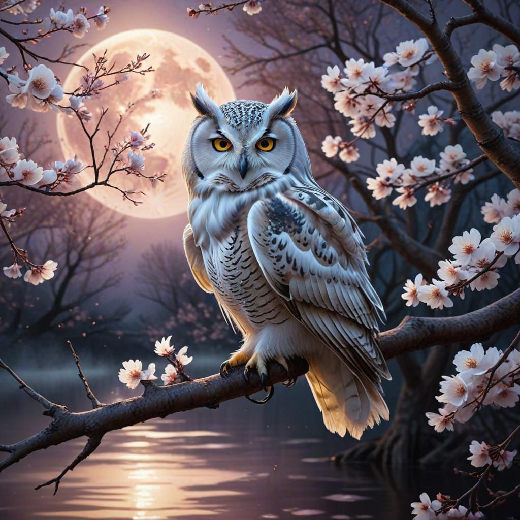 lora:EtherealVisionsFlux:1.5 lora:Moods of Smoke Flux:1.0 full golden moon at night mauve Sakura tree *white majestic ow...