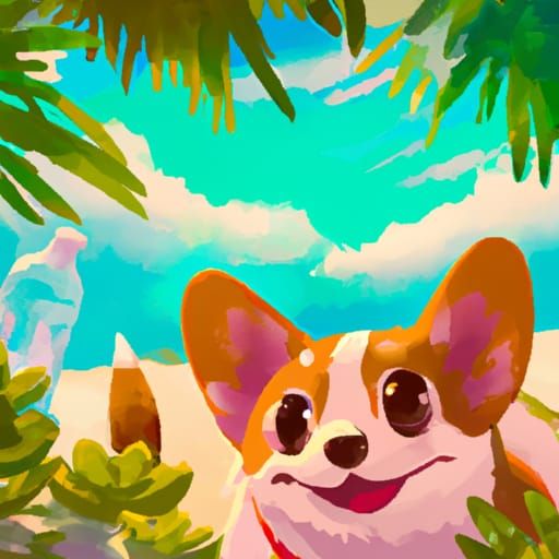 Tropical Corgi in Anime Style by Ghibli