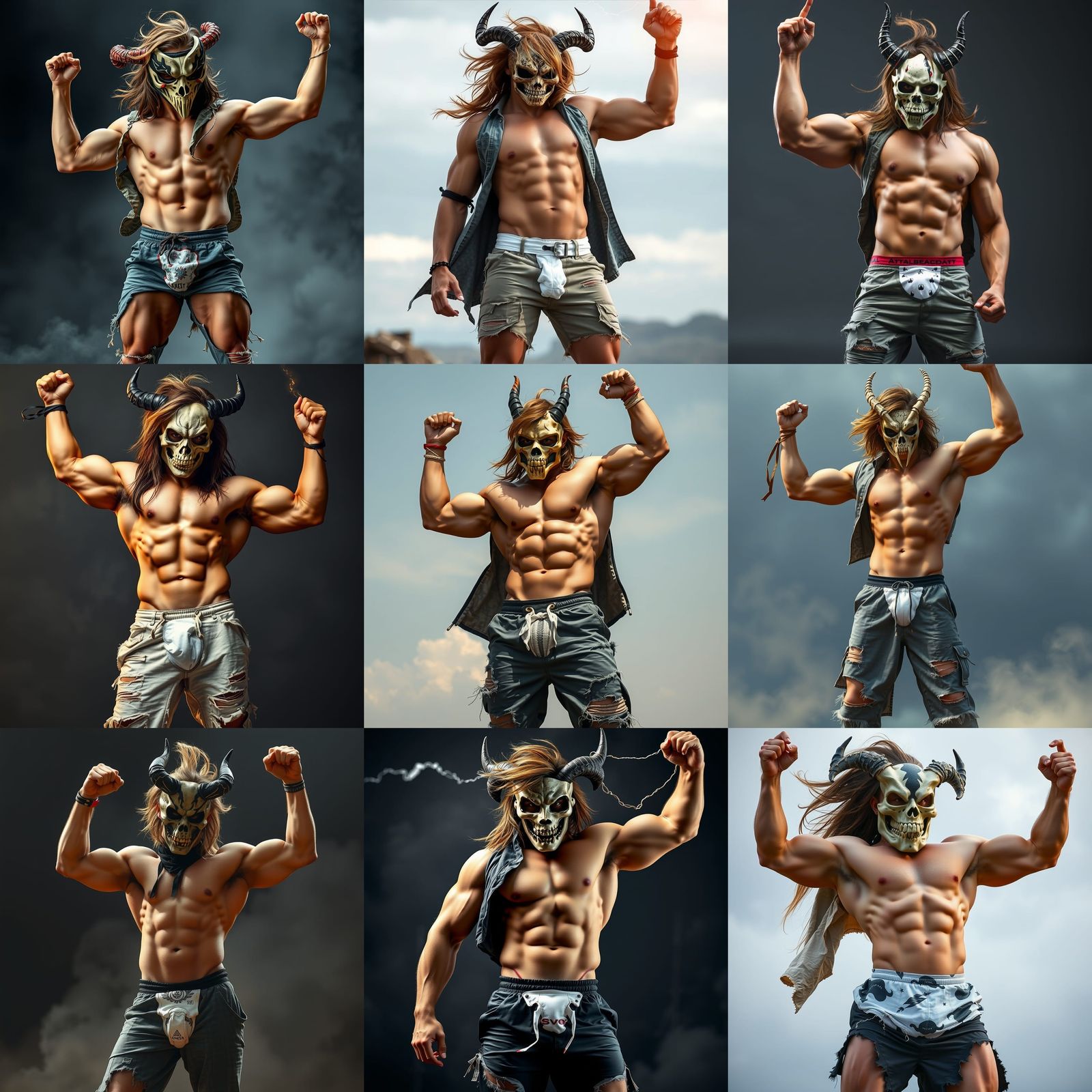 Muscular Young Man with Supernatural Mask and Lightning Horn...