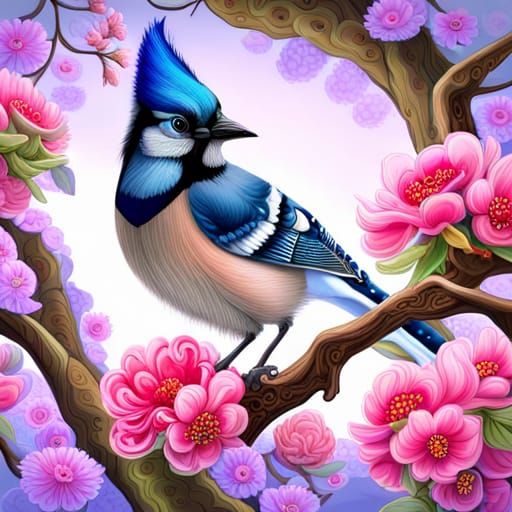 Cute Bluejay Chick in a Fantastical Blossom Tree