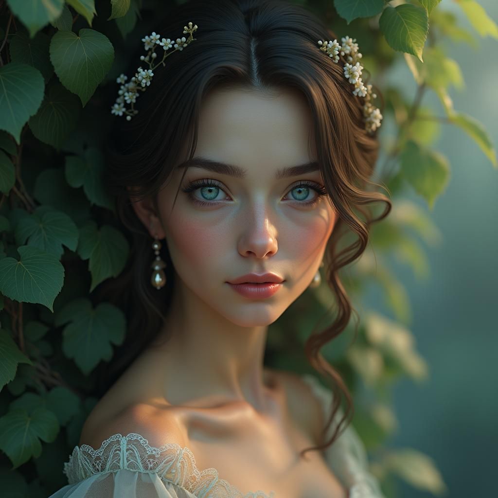 Serene Woman in Lush Fantasy Landscape