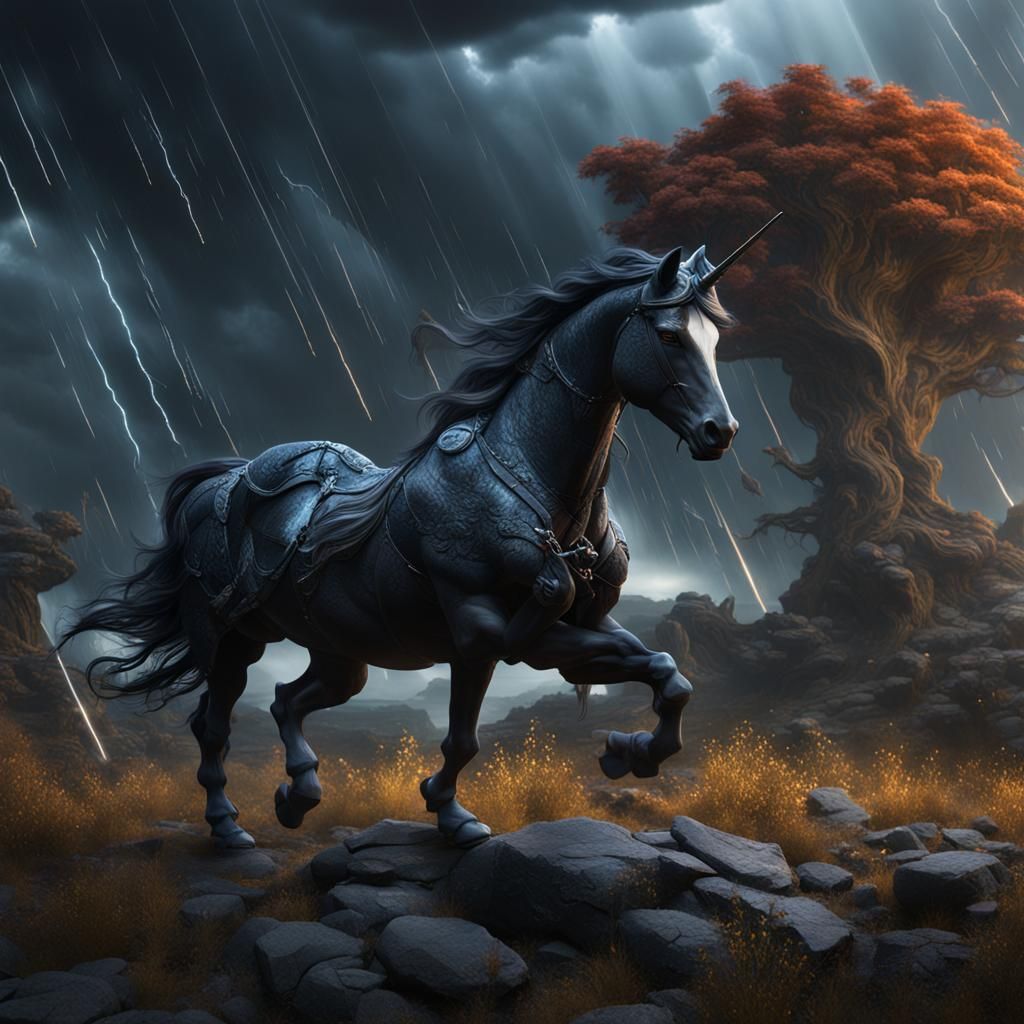 Black Unicorn in Storm, Matte Painting Style