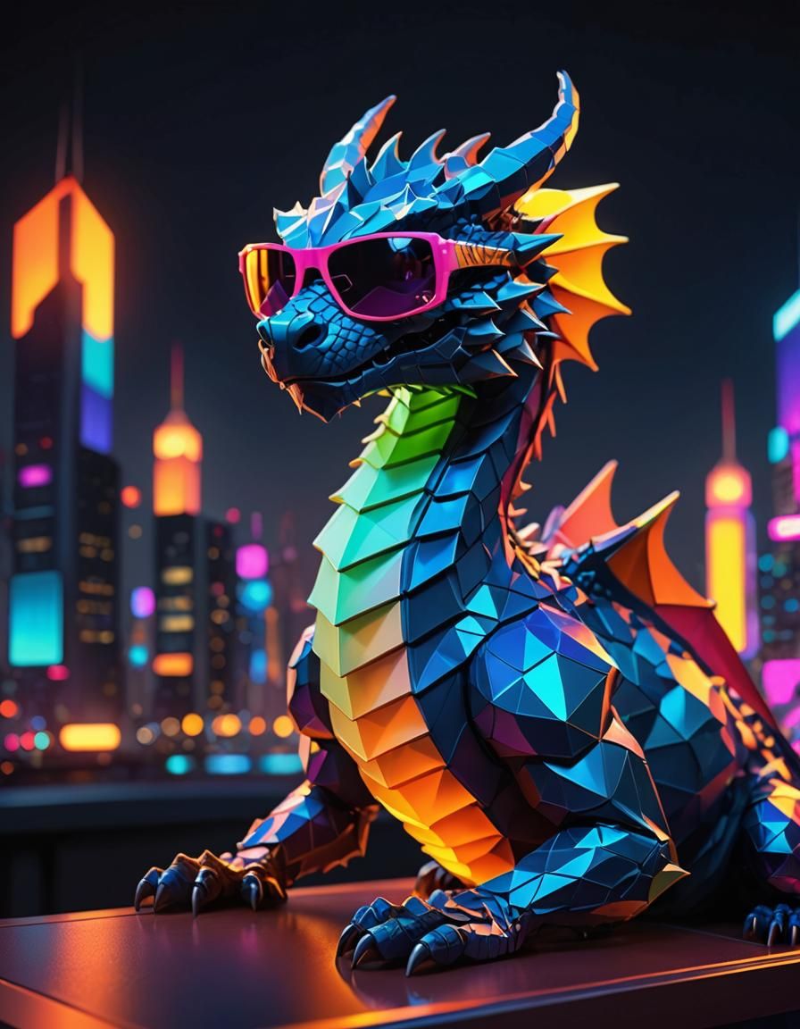Dragon Chilling with Sunglasses in Low-Poly Art