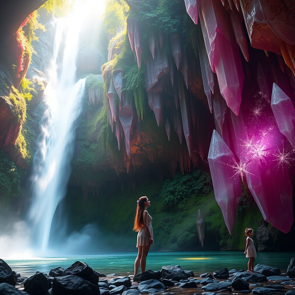 Waterfall Goddess Amidst Crystal Caverns in Vibrant Dreamsca...
