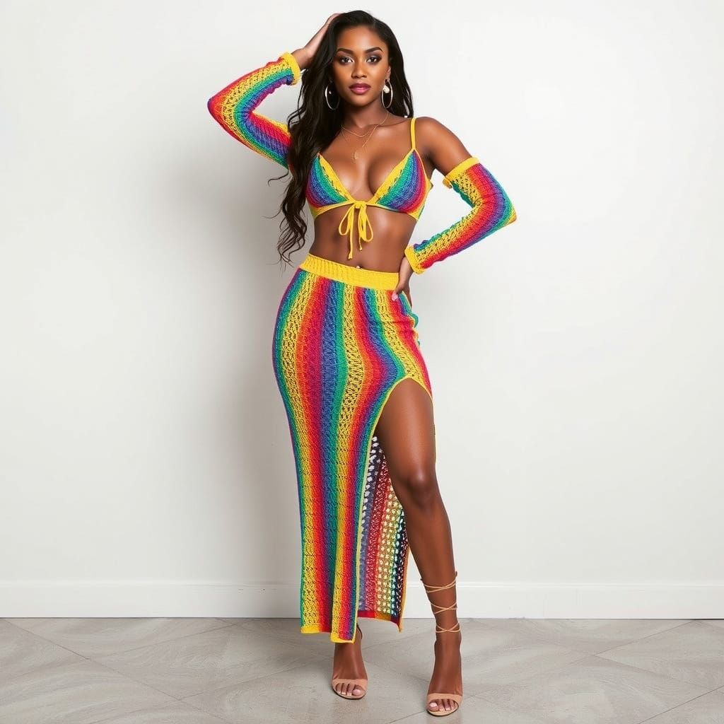 African American Woman in Vibrant Rainbow Crochet Outfit