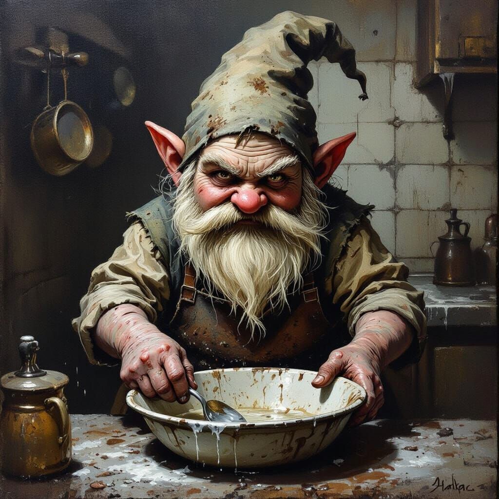 Dark Fantasy Gnome Washing Dishes in Grimy Kitchen Oil Paint...