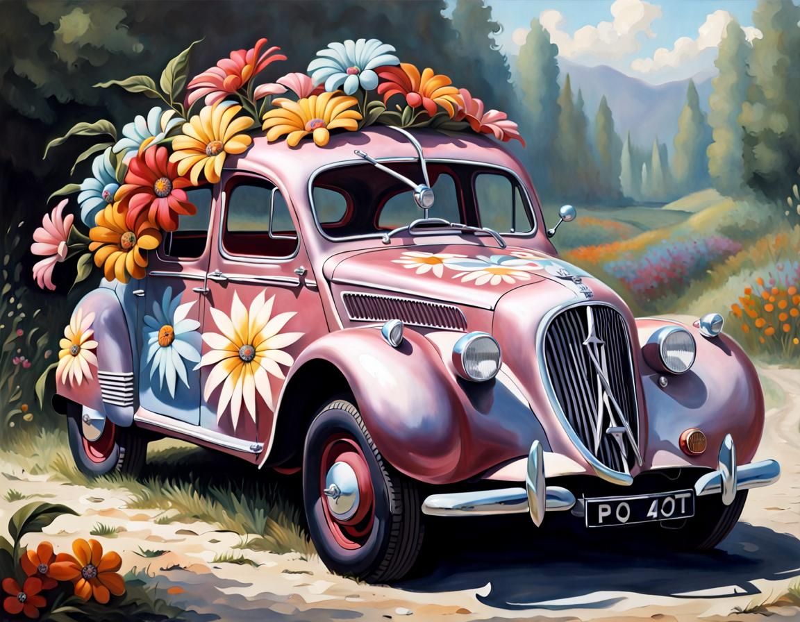 Hyperrealistic Hippie Flowers and Peugeot 402
