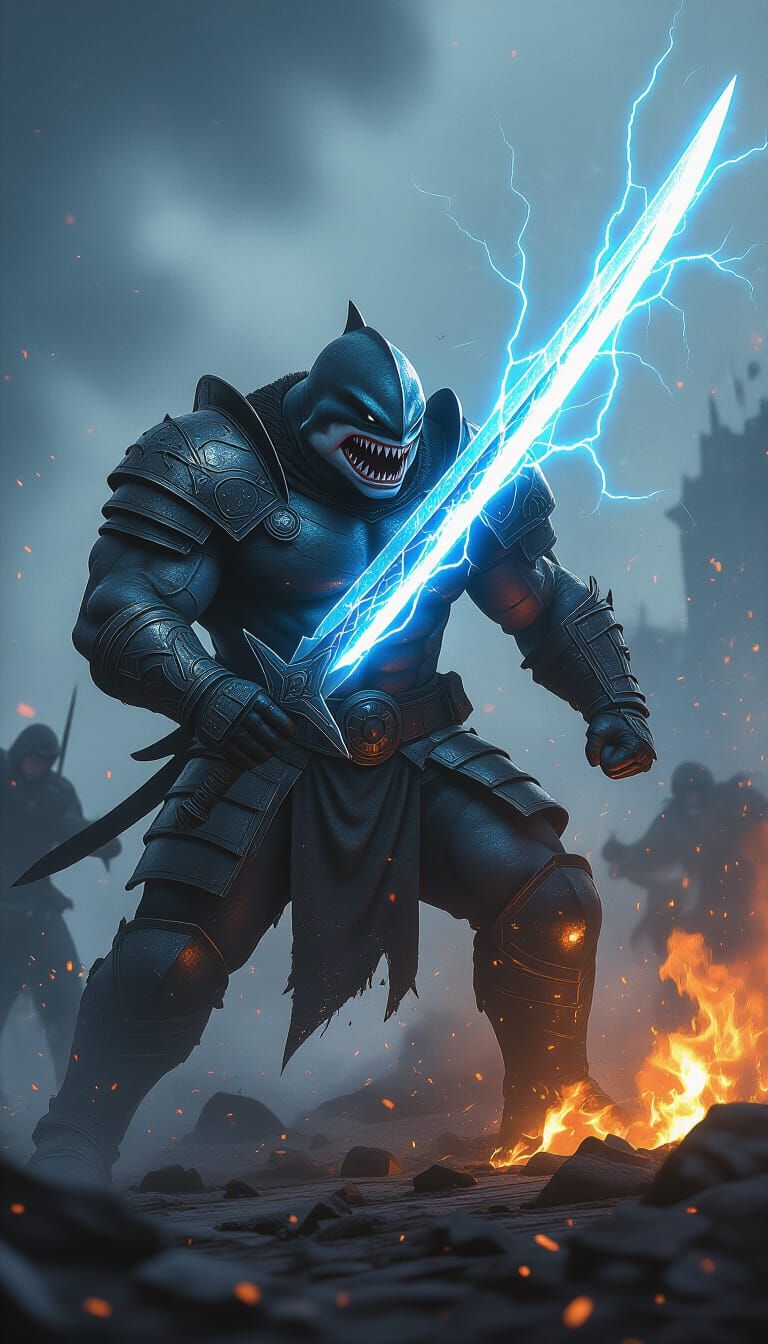 Shark Warrior with Energy Sword on Battlefield
