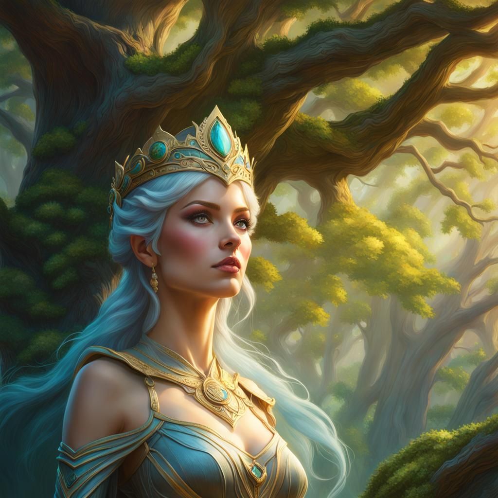 Ethereal Elf Queen Portrait with Guardian Tree