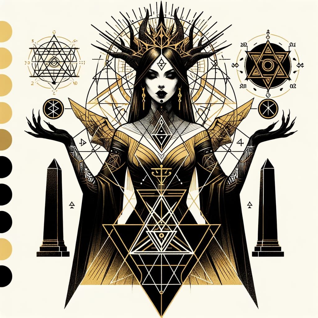 Geometric Queen of Darkness in Occult Engraving Style