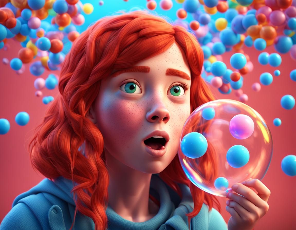 Pixar-Style Redhead Blowing Bubblegum Bubble