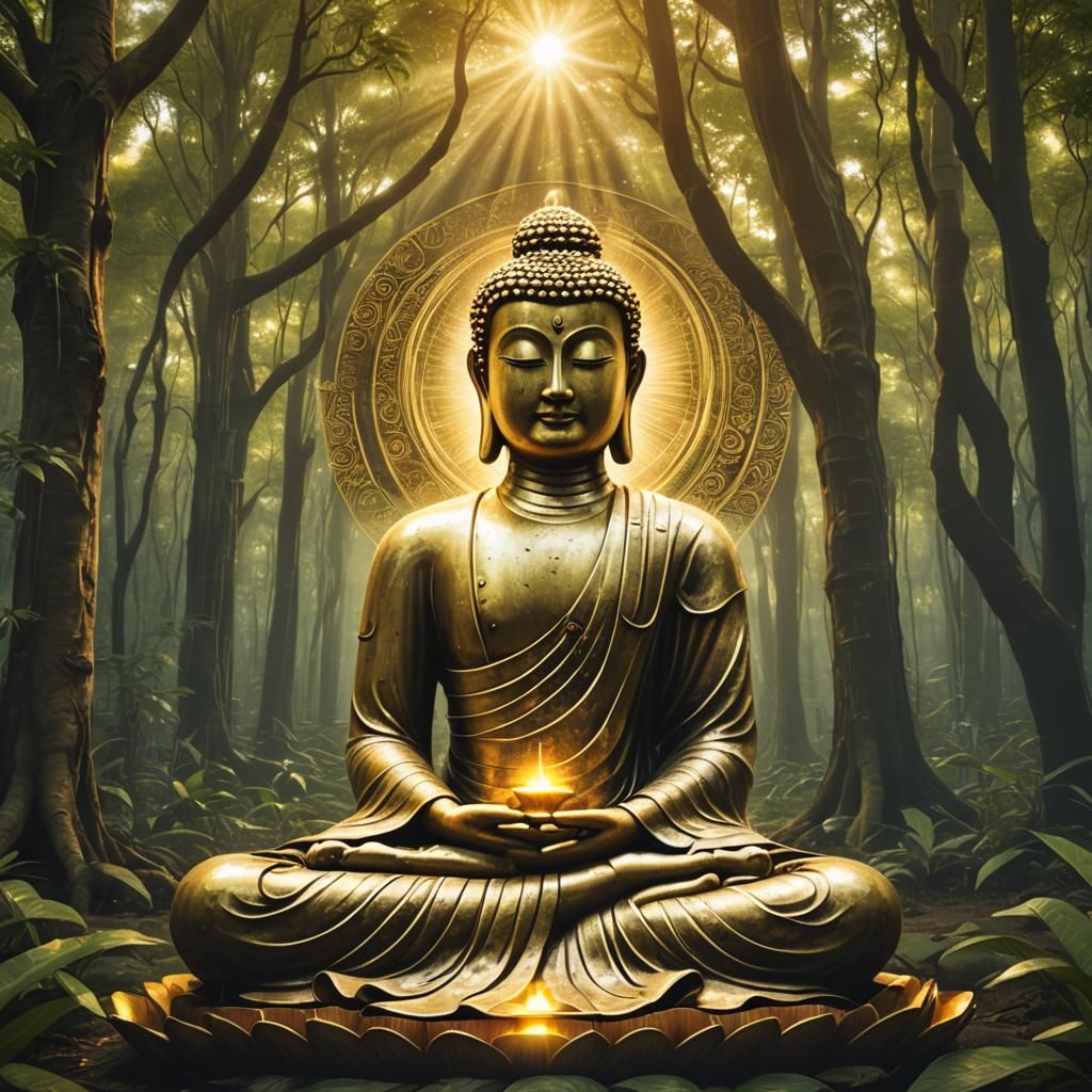 Buddha Statue in Forest with Golden Aura