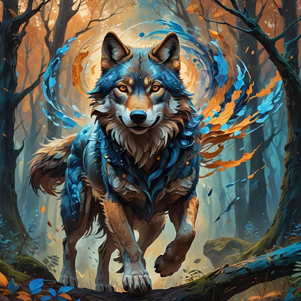 Wolf in Mystical Forest, Vivid Oil Painting