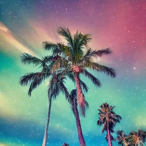 Palm Trees Under Galaxy in Impressionistic Style