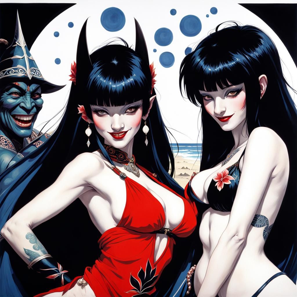 Glossy Blue Maori Goblins on Beach, Art Nouveau Style