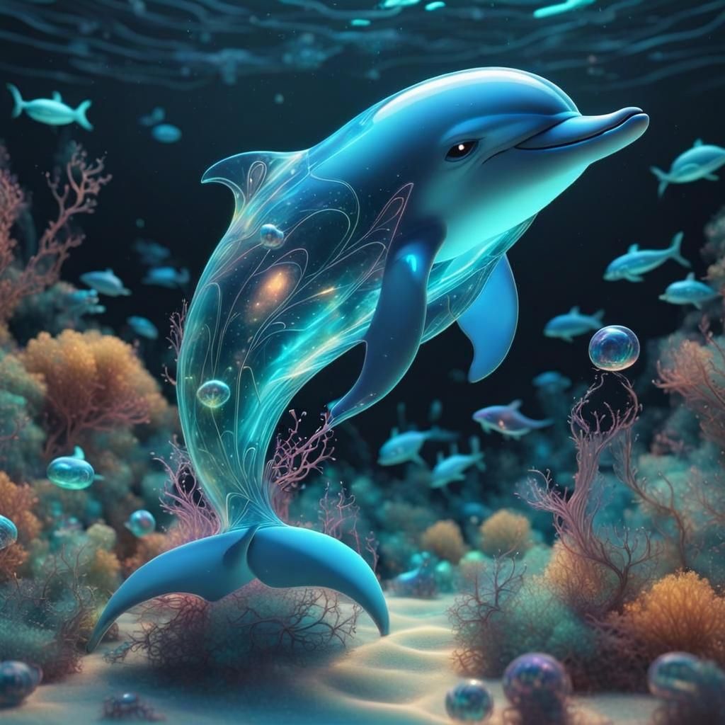 Bioluminescent Crystal Dolphin in Fantasy Ocean