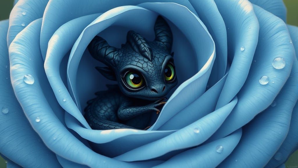 Whimsical Baby Dragon Peeks from Blue Rose
