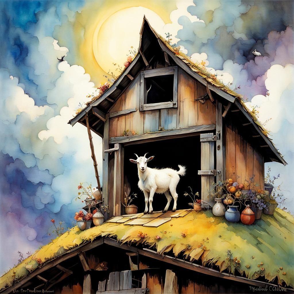 Whimsical Farmer and Goat on Barn Roof