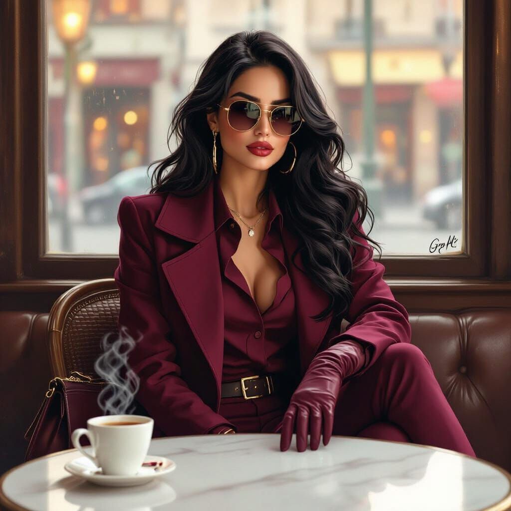 Woman in Maroon Winter Attire in Parisian Cafe