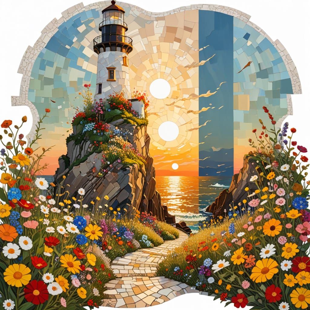 Vibrant Wildflowers by Lighthouse Sunset in Mosaic Style