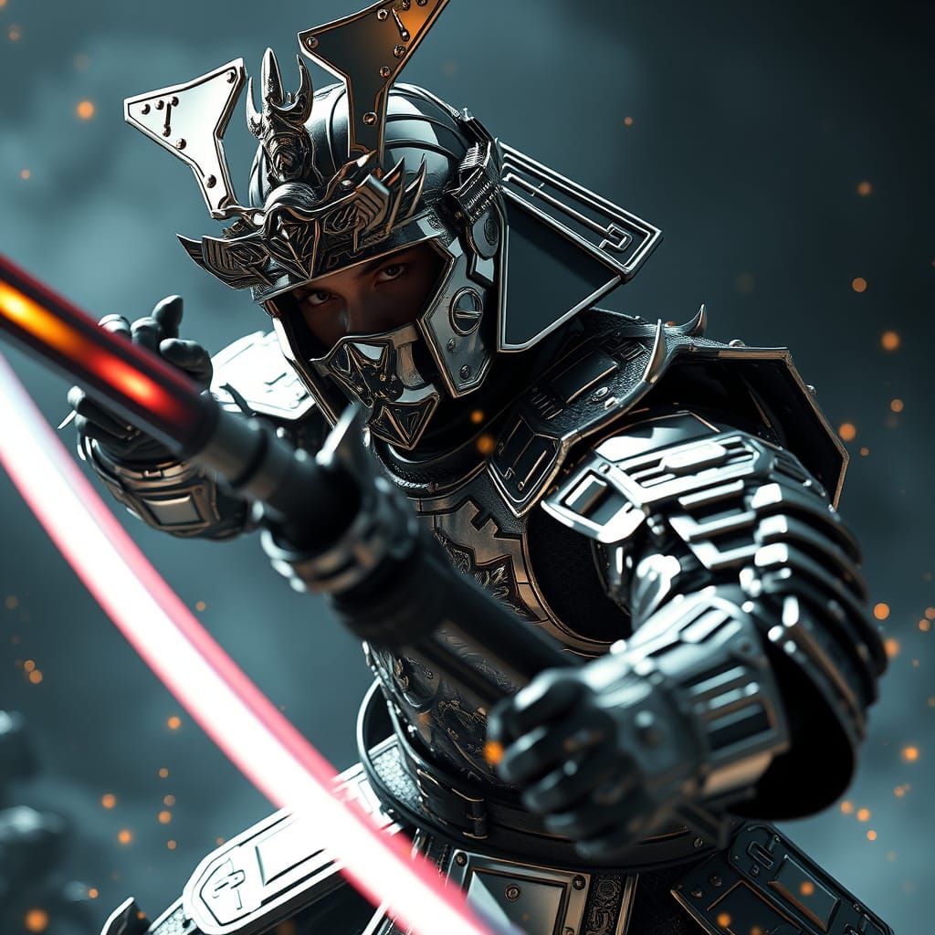 Cyber Samurai Warrior in Futuristic Chrome Armor
